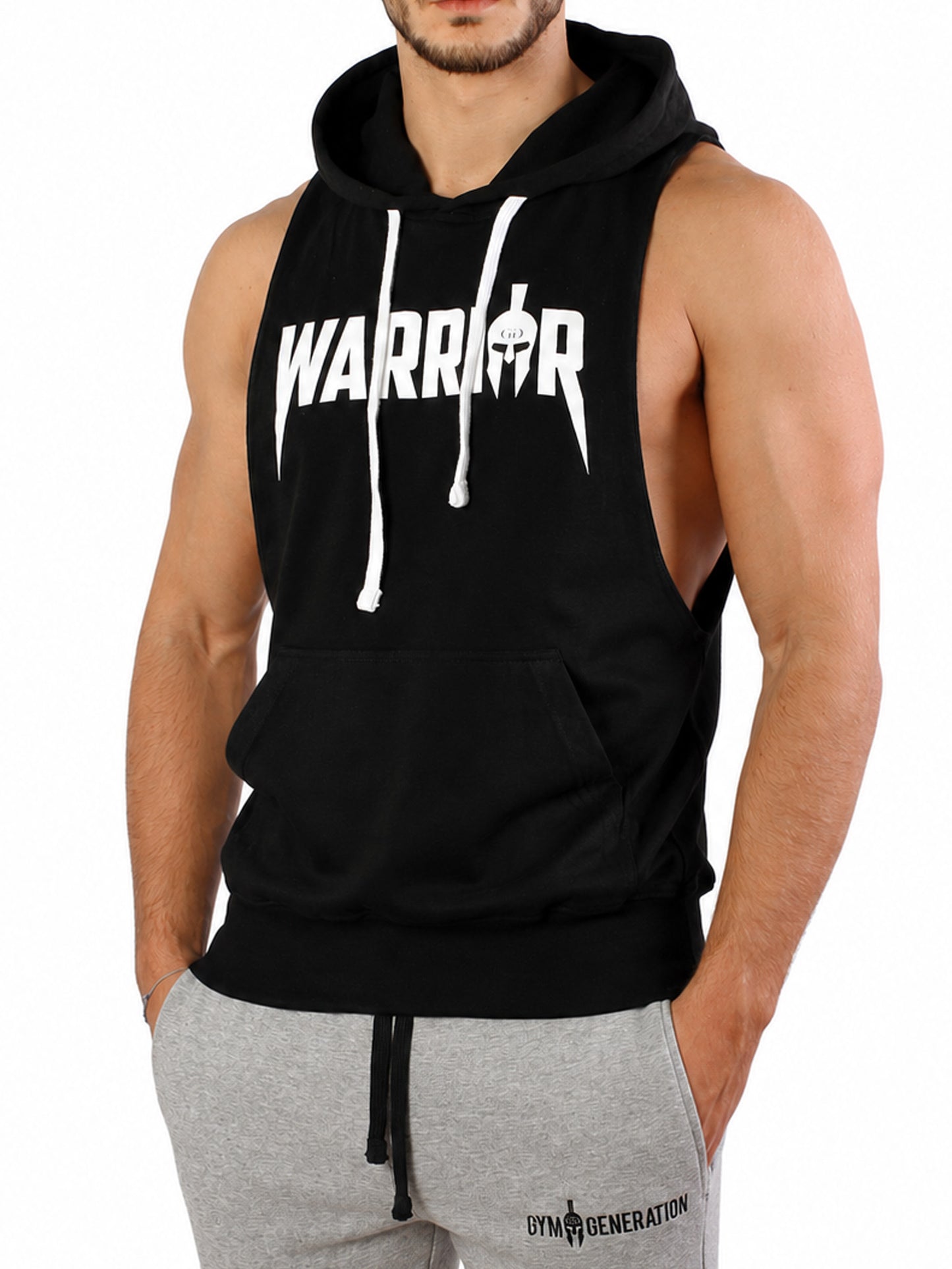 Ärmelloser Hoodie in Schwarz seitlich, sehr weiter Armausschnitt bis auf Höhe der Fronttasche