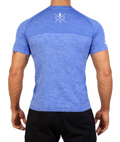 Back view of the blue men's seamless t-shirt with honeycomb knit on the upper back and white logo on the neck, Gym Generation