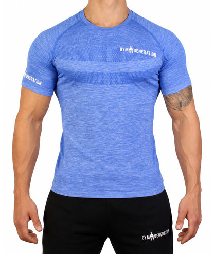 Men's seamless t-shirt in blue heather from the front, with honeycomb knit on the chest and white Gym Generation lettering on chest and sleeve