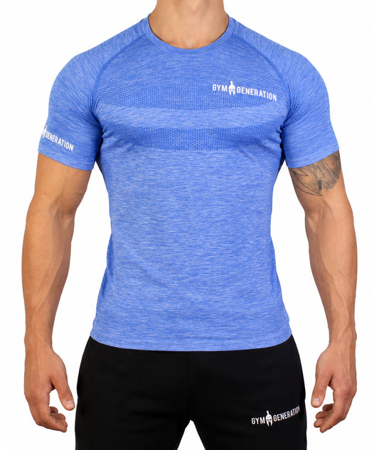 T-shirt seamless homme bleu chiné de face, avec tricot nid d'abeille sur la poitrine et lettrage Gym Generation blanc sur la poitrine et la manche