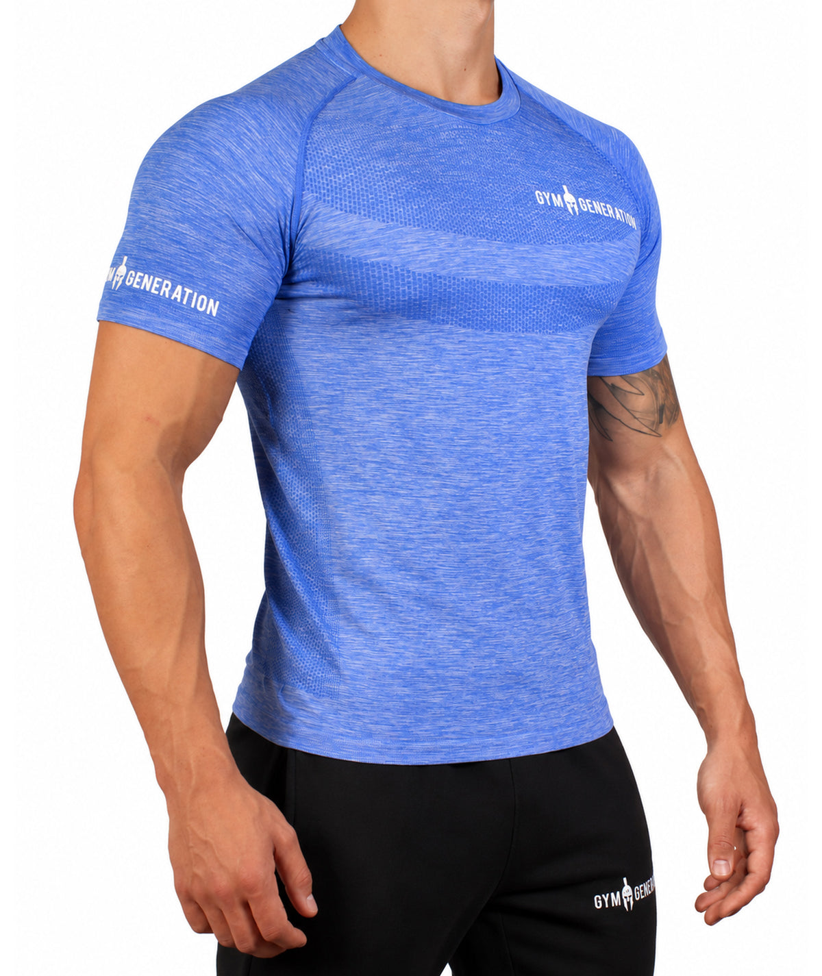 Blue men's seamless sport shirt from a three-quarter angle, close-fitting with raglan sleeves, honeycomb band across the chest and lettering on the sleeve
