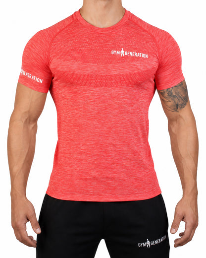 Men's seamless t-shirt in red heather from the front, with honeycomb knit on the chest and white Gym Generation lettering on chest and sleeve