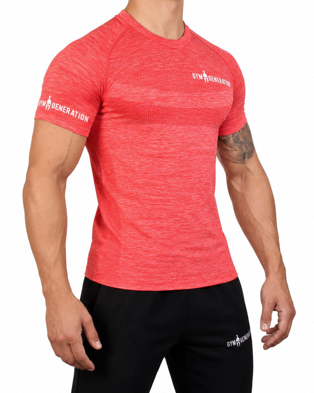 Red men's seamless sport shirt from a three-quarter angle, close-fitting with raglan sleeves, honeycomb knit on the flank and lettering on the sleeve