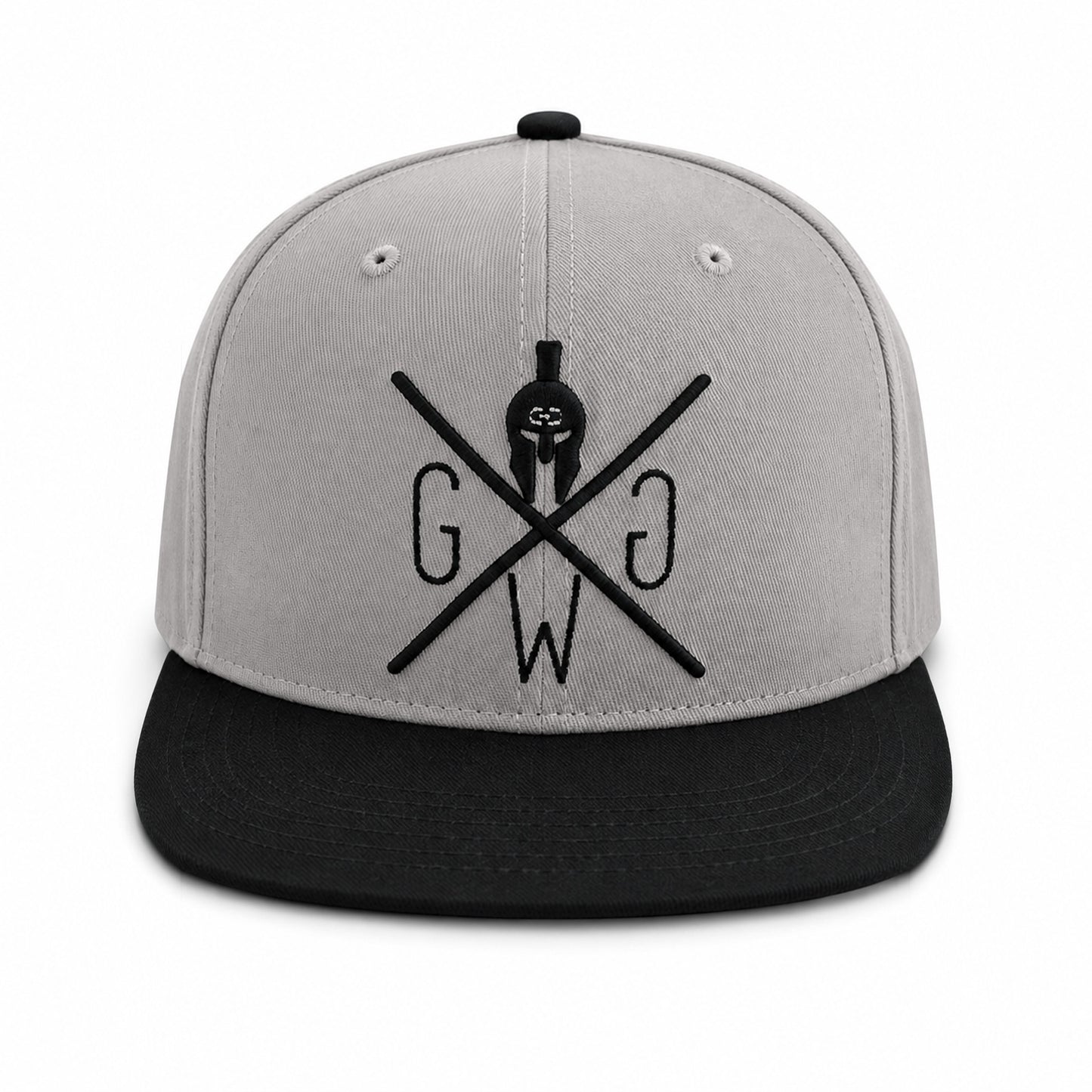 Graue Snapback Cap Classic von Gym Generation in der Frontansicht mit schwarzem Schirm und schwarzem Stick