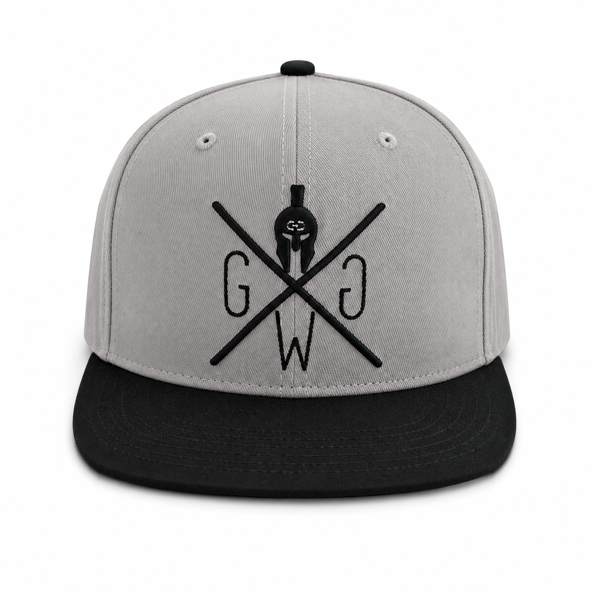 Graue Snapback Cap Classic von Gym Generation in der Frontansicht mit schwarzem Schirm und schwarzem Stick