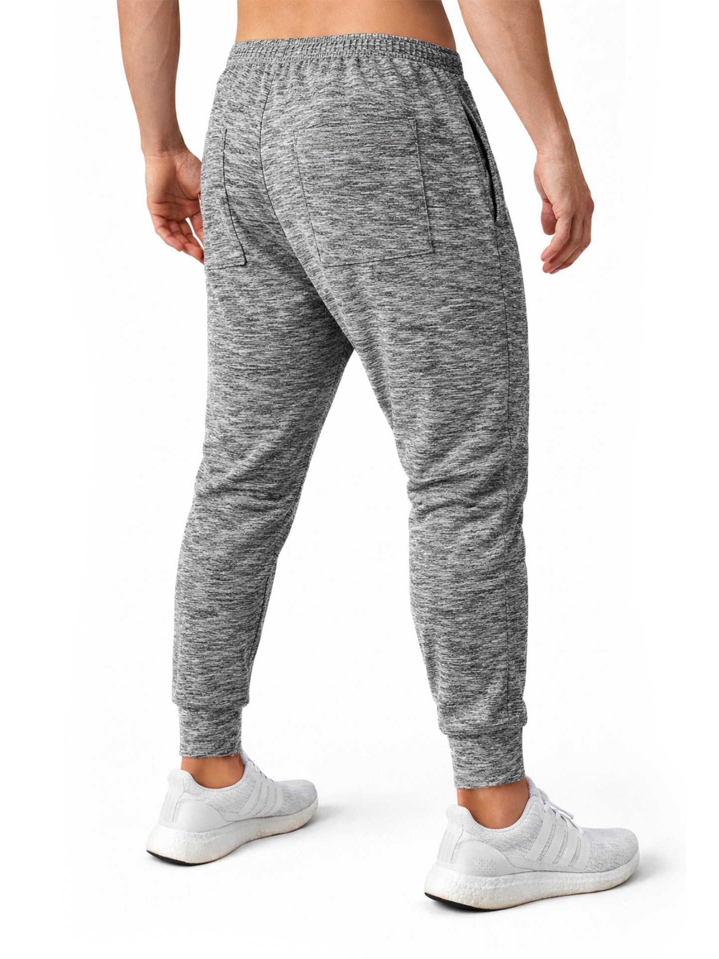 ym Generation Herren Trainingshose grau meliert – schräge Rückansicht mit tapered Fit und Gesäßtaschen für Fitness und Alltag
