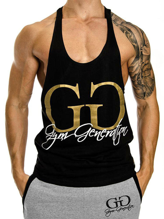 Schwarzes Gym Generation Stringer Tanktop mit goldenem Print – Vorderansicht