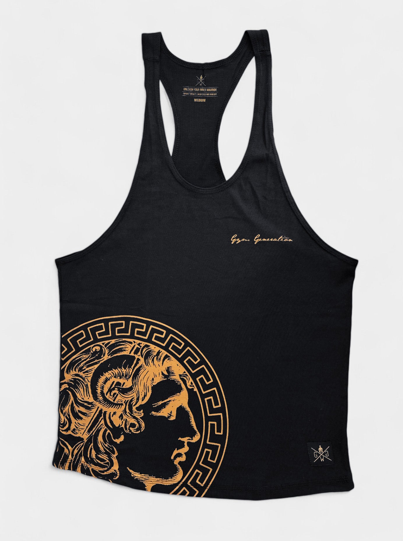 Schwarzes Gym Generation Stringer Tank Top mit goldenem Alexander der Große Print und Signaturdetail.