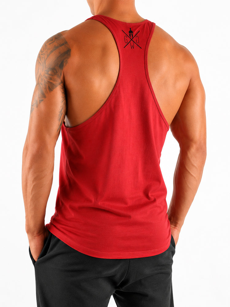 Ärmelloses Trainingsshirt in Koralle schräg von hinten, Racerback-Schnitt von Gym Generation