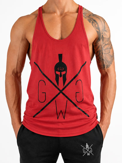 Stringer Tank Top in Koralle von Gym Generation, Frontansicht mit schwarzem Gym Warriors Print