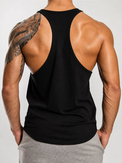 Gym Generation Stringer in Schwarz von hinten – tiefer Racerback-Schnitt mit schmalen Trägern, Rückseite unbedruckt, ärmelloses Trainingsshirt für Herren
