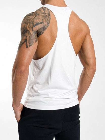 Gym Generation Gym Warriors Stringer Tank Top in Weiss – schräge Rückansicht am muskulösen Herrenmodel