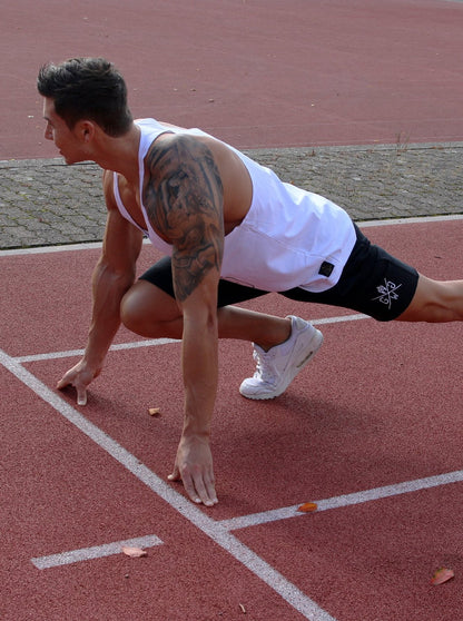 Athletic men's tank top in white – perfect for showcasing strength.
