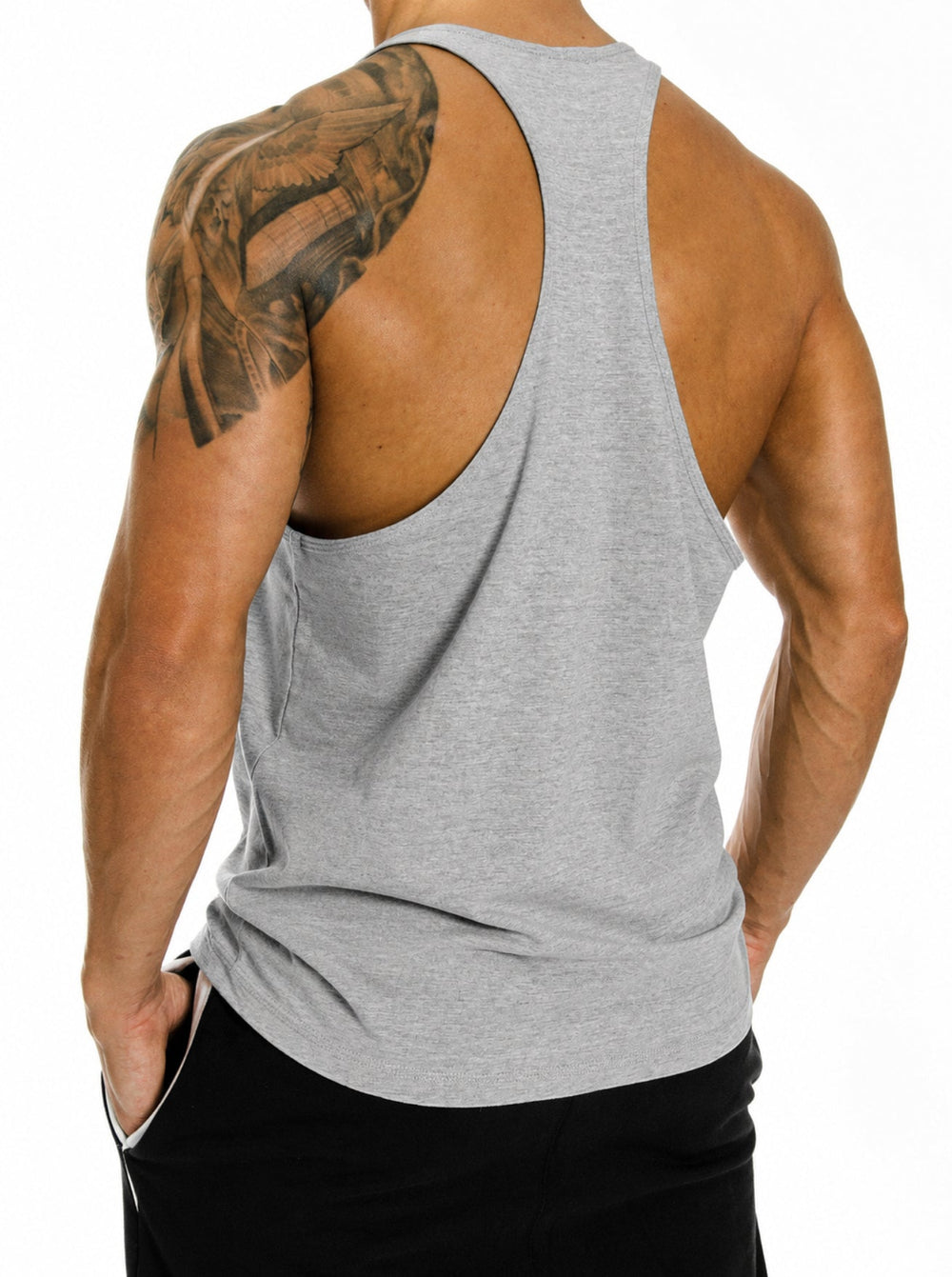 Gym Generation Stringer Invincible in Grau meliert von hinten – Racerback-Schnitt mit tiefem Rücken, ärmelloses Trainingsshirt für Herren