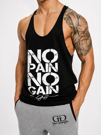 No Pain No Gain Stringer von Gym Generation schräg von vorne, weisser Schriftzug im Used-Look auf Schwarz
