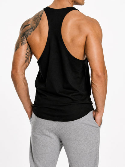 Schwarzes Muskelshirt Herren schräg von hinten, ausgeschnittener Racerback-Rücken von Gym Generation