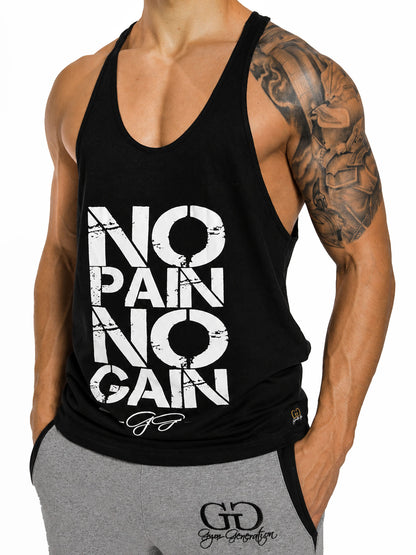 No Pain No Gain Bodybuilding-Shirt von der Seite, tiefer Armausschnitt im klassischen Stringer-Schnitt
