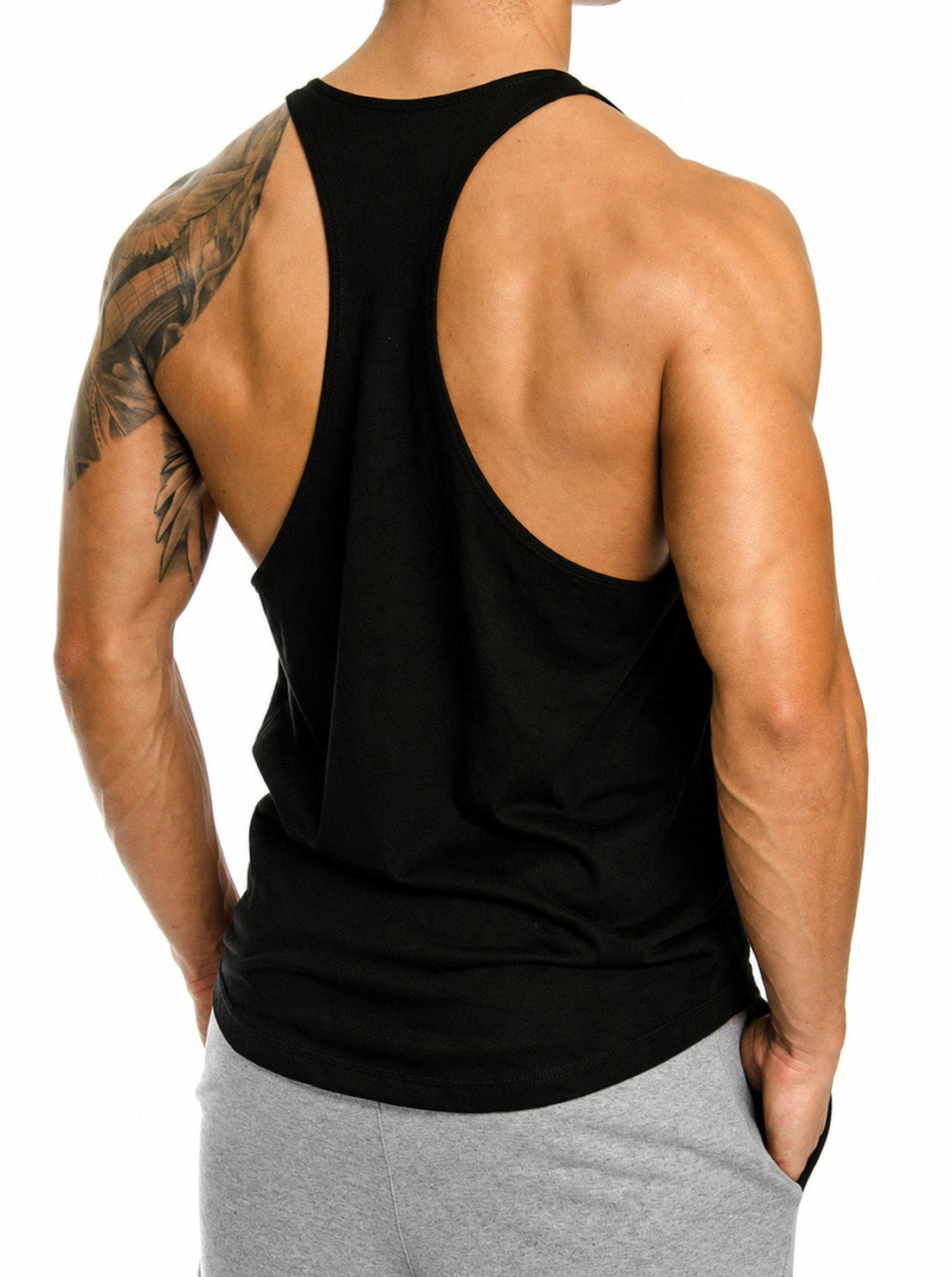 Gym Generation Stringer Veni Vidi Vici in Schwarz von hinten – tiefer Racerback-Schnitt mit schmalen Trägern, Rückseite unbedruckt, ärmelloses Trainingsshirt für Herren