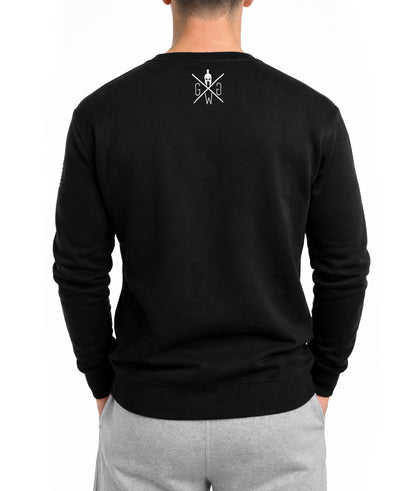 Schwarzes Gym Generation Warrior Sweatshirt Rückansicht, minimalistisches Logo am oberen Rücken, athletische Passform für Krafttraining und Gym Wear 