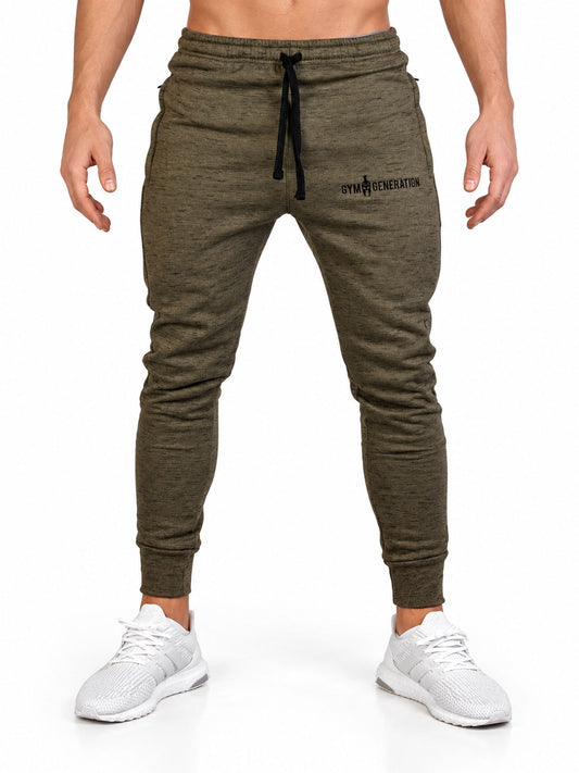 Front view of the heathered olive 'Premium' gym pants with black drawcord, zippered side pockets and black embroidered Gym Generation logo on the thigh