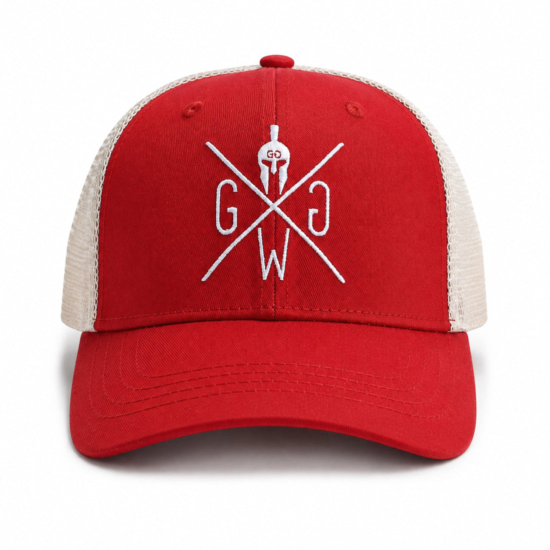 Rote Gym Generation Trucker Cap Venice in der Frontansicht mit beigem Mesh und gesticktem Logo in Weiss auf dem Frontpanel