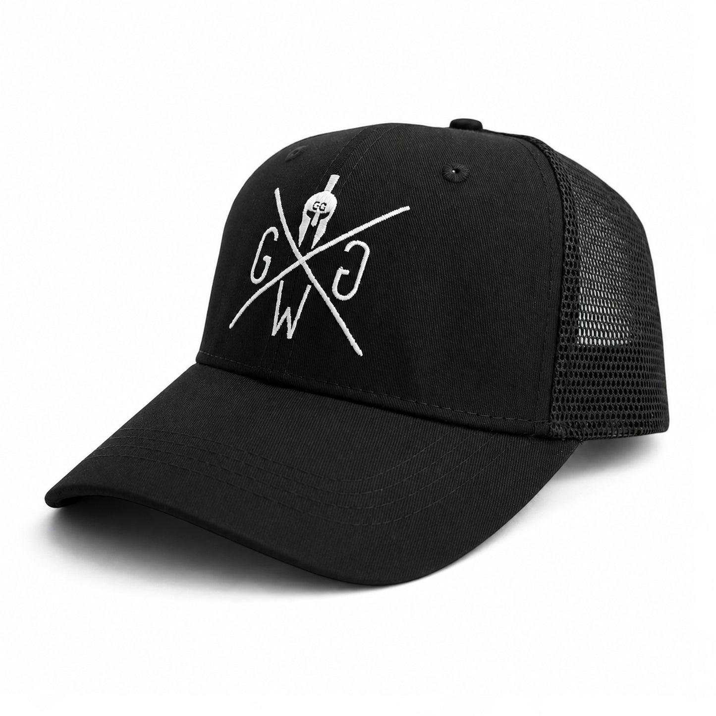 Schwarze Cap mit Netz von Gym Generation in der Seitenansicht mit Twill-Front und schwarzem Netz
