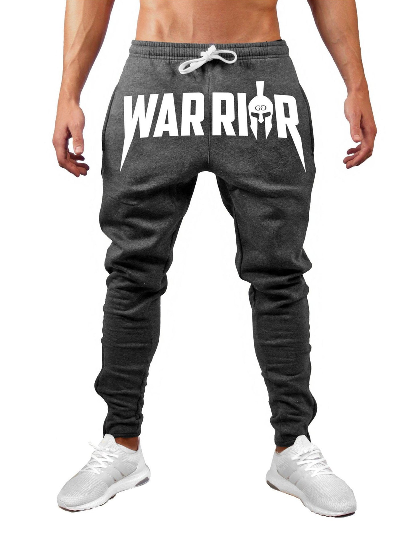 Gym Hose in Dunkelgrau mit weissem 'Warrior' Aufdruck für Fitness und Sport.