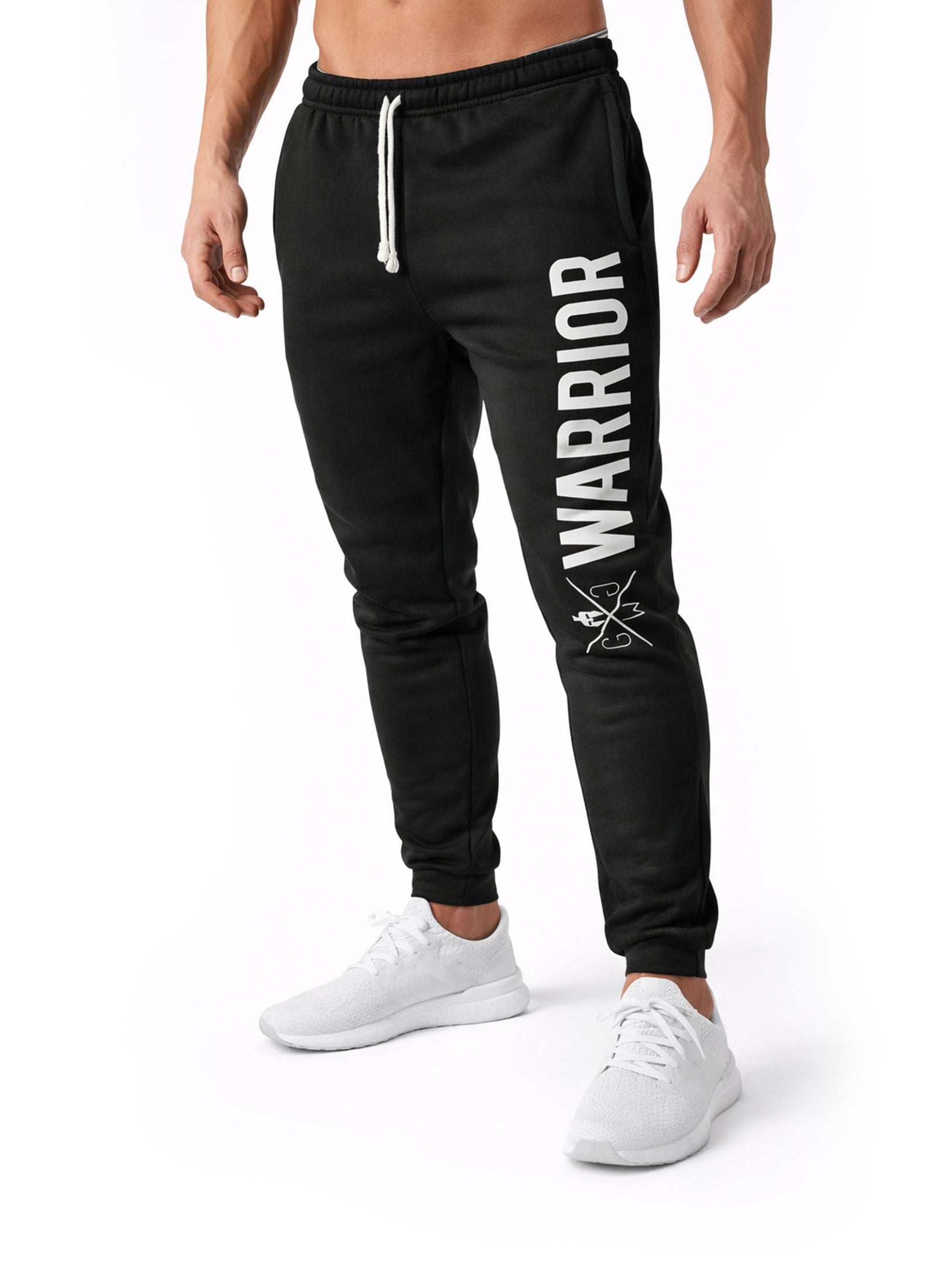 Schwarze Gym Generation Herren Trainingshose mit Warrior Print, sportlicher Passform und elastischem Bund für Fitness, Gym und Krafttraining