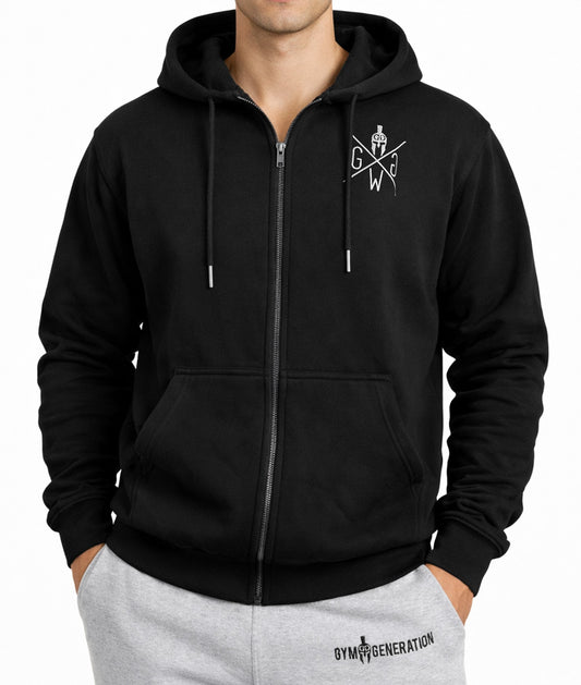 Schwarzer Herren Zip Hoodie von Gym Generation mit Reißverschluss, Kapuze und gesticktem Frontlogo, Frontansicht
