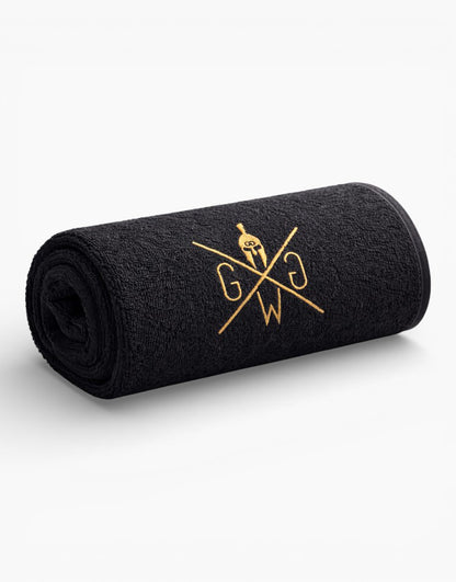 Gym Generation Premium Gym Handtuch Schwarz gerollt mit goldenem Logo – extrem saugfähiges Fitness Handtuch für Krafttraining, Bodybuilding und Crossfit