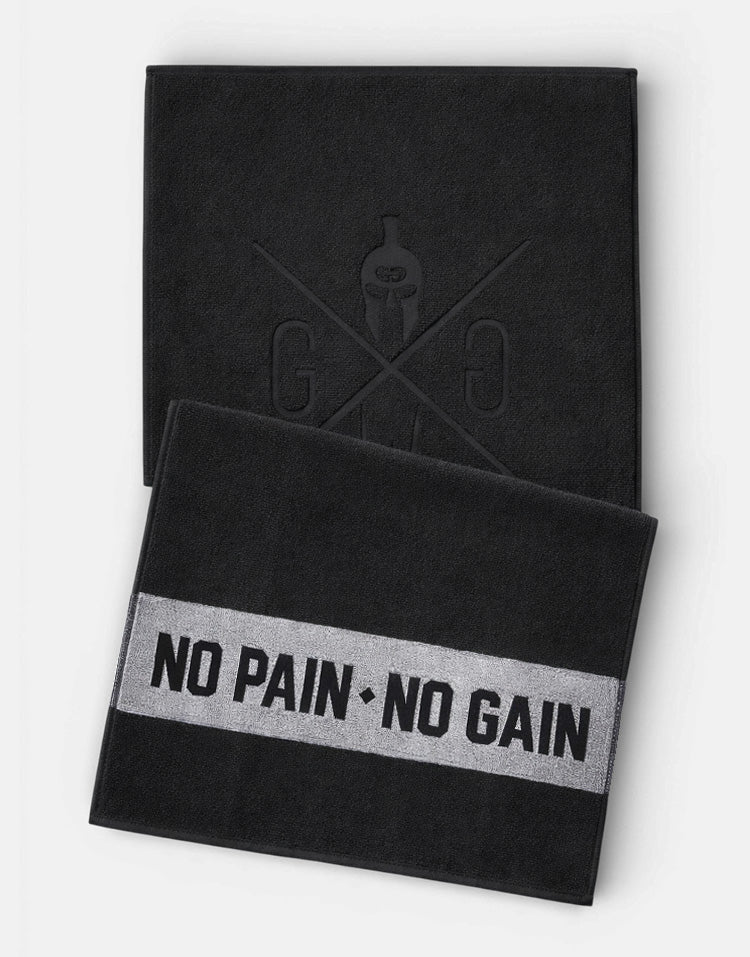 Schwarzes Fitness Handtuch von Gym Generation mit No Pain No Gain Schriftzug – hochwertiges Sporthandtuch für Gym, Krafttraining und Workout
