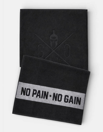 Schwarzes Fitness Handtuch von Gym Generation mit No Pain No Gain Schriftzug – hochwertiges Sporthandtuch für Gym, Krafttraining und Workout