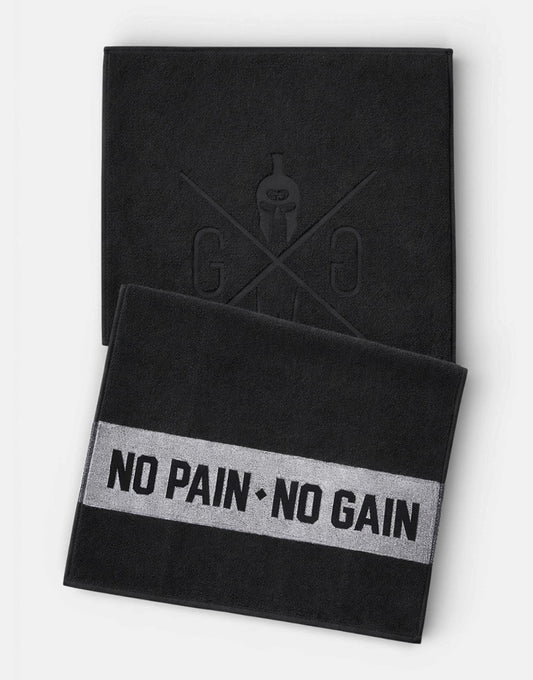 Schwarzes Fitness Handtuch von Gym Generation mit No Pain No Gain Schriftzug – hochwertiges Sporthandtuch für Gym, Krafttraining und Workout