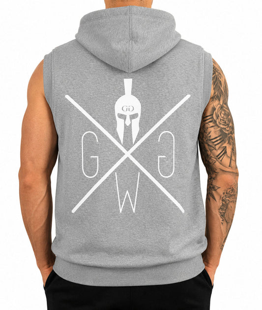 Gym Kapuzenpullover ohne Ärmel Herren Grau von hinten, cleaner Rücken ohne Print mit geripptem Saum