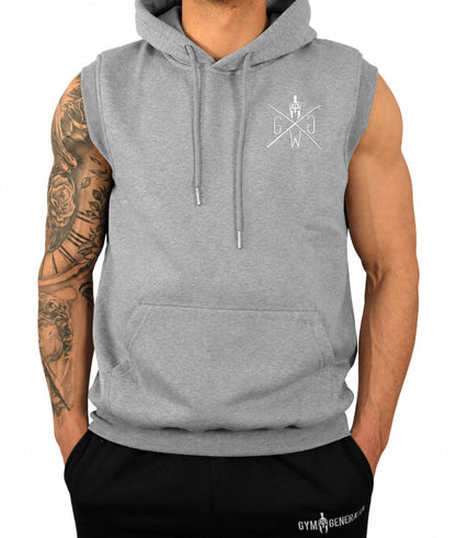 Hoodie ohne Ärmel Herren in Grau meliert von vorne, gesticktes Gym Generation Logo auf der Brust und Kängurutasche
