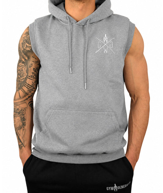 Hoodie ohne Ärmel Herren in Grau meliert von vorne, gesticktes Gym Generation Logo auf der Brust und Kängurutasche
