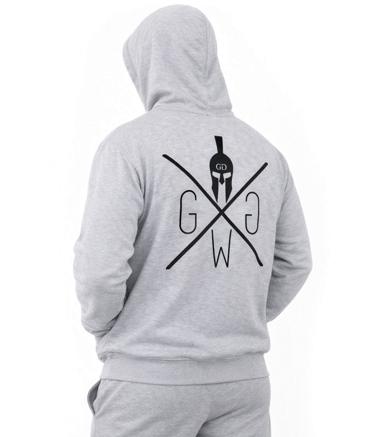 Grauer Gym Hoodie Herren von Gym Generation in schräger Rückenansicht mit großem Spartaner Logo, hochwertiger Fitness Hoodie für Krafttraining, Gym Lifestyle, Streetwear und Athleisure