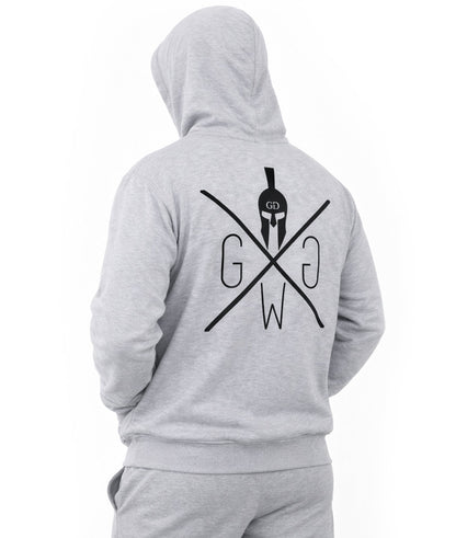 Grauer Gym Hoodie Herren von Gym Generation in schräger Rückenansicht mit großem Spartaner Logo, hochwertiger Fitness Hoodie für Krafttraining, Gym Lifestyle, Streetwear und Athleisure