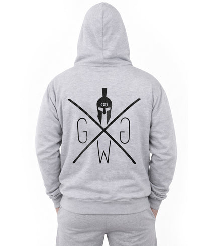 Grauer Gym Hoodie Herren von Gym Generation in Rückenansicht mit großem Spartaner Logo Print, Fitness Hoodie für Krafttraining, Gym Lifestyle, Streetwear und Athleisure