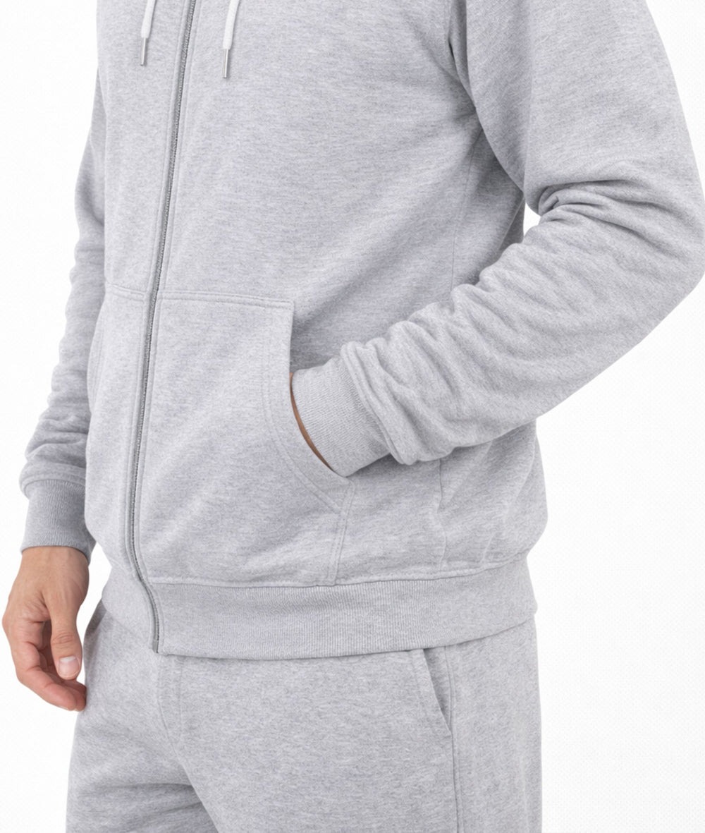 Detailaufnahme grauer Herren Gym Hoodie von Gym Generation mit Reißverschluss und Fronttasche, hochwertiger Fitness Zipper Hoodie für Krafttraining, Gym, Streetwear und Sport Lifestyle