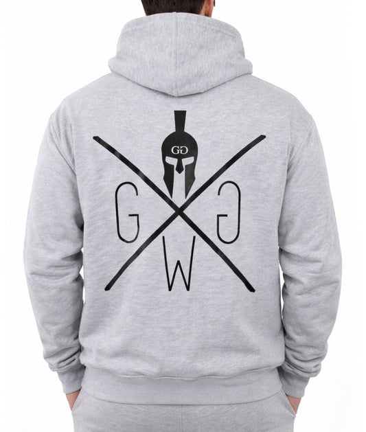 Grauer Gym Generation Zipper Hoodie für Herren, Rückenansicht mit Spartaner Logo, Fitness Hoodie für Krafttraining, Gym und Sport Lifestyle