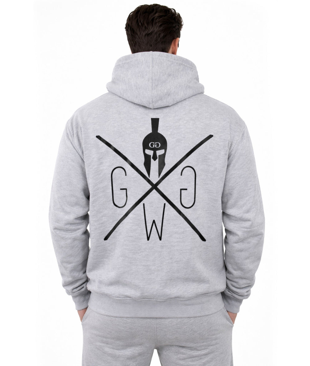Herren Fitness Zipper Hoodie grau von Gym Generation, Rückseite mit großem Spartaner Emblem, Trainings Hoodie für Gym, Muskelaufbau und Streetwear