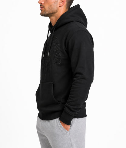 Gym Warriors Hoodie Herren Schwarz Seitenansicht mit Kapuze und Känguru-Tasche