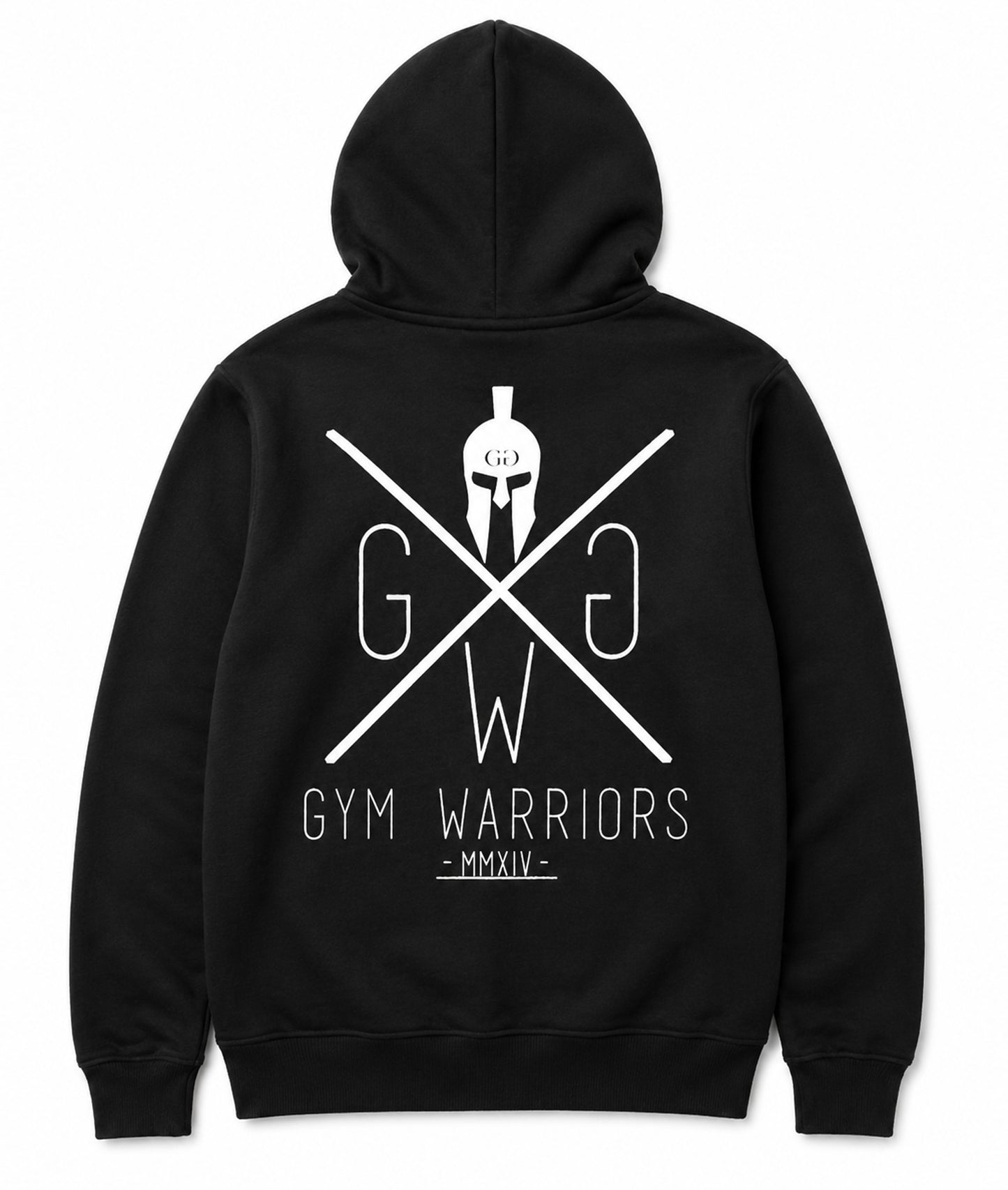 Gym Warriors Zip Hoodie Schwarz von hinten mit grossem weissem Print und Spartanerhelm auf dem Rücken