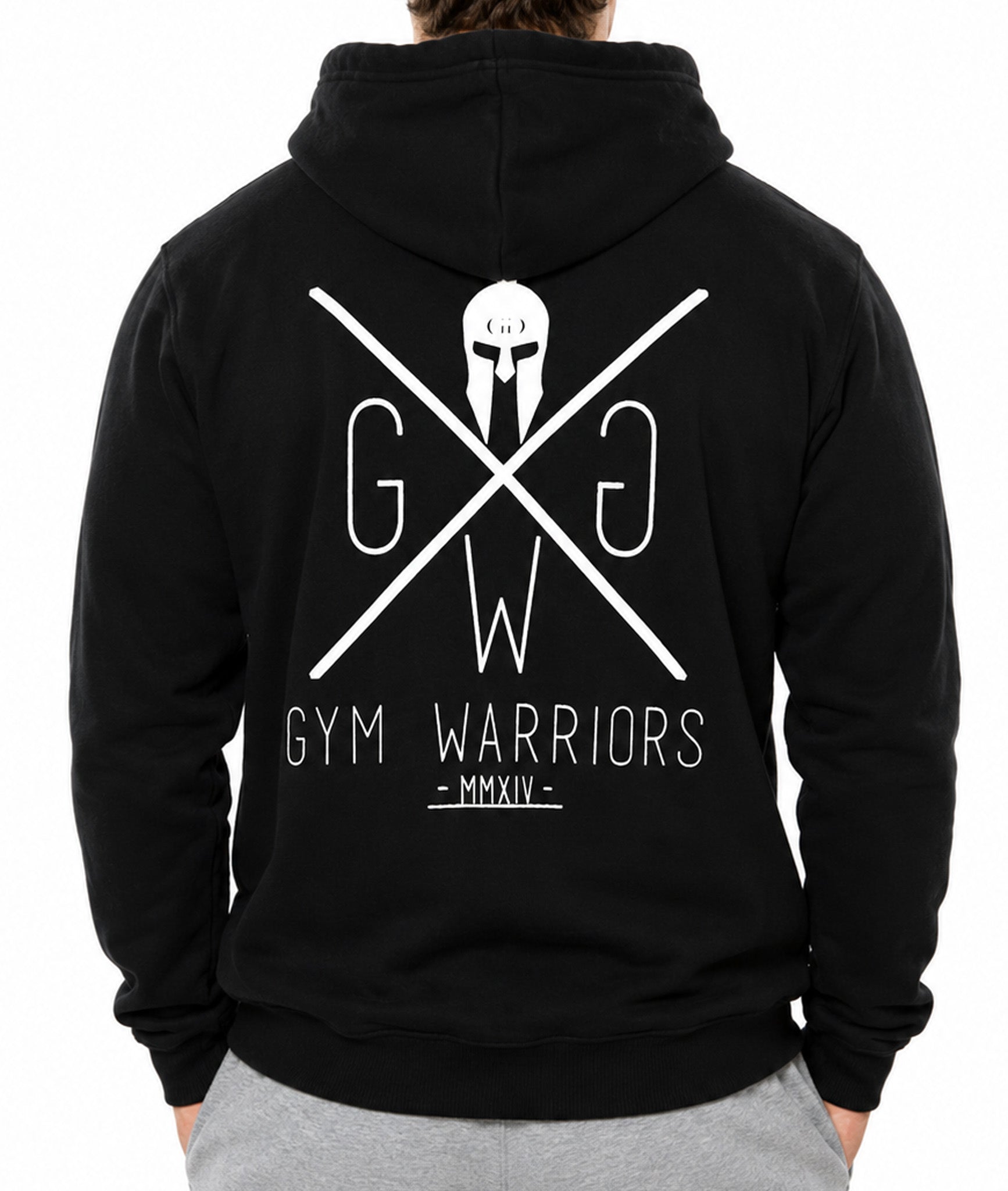 Gym Warriors Hoodie Herren Schwarz von hinten getragen mit weissem Rückenprint und Kapuze