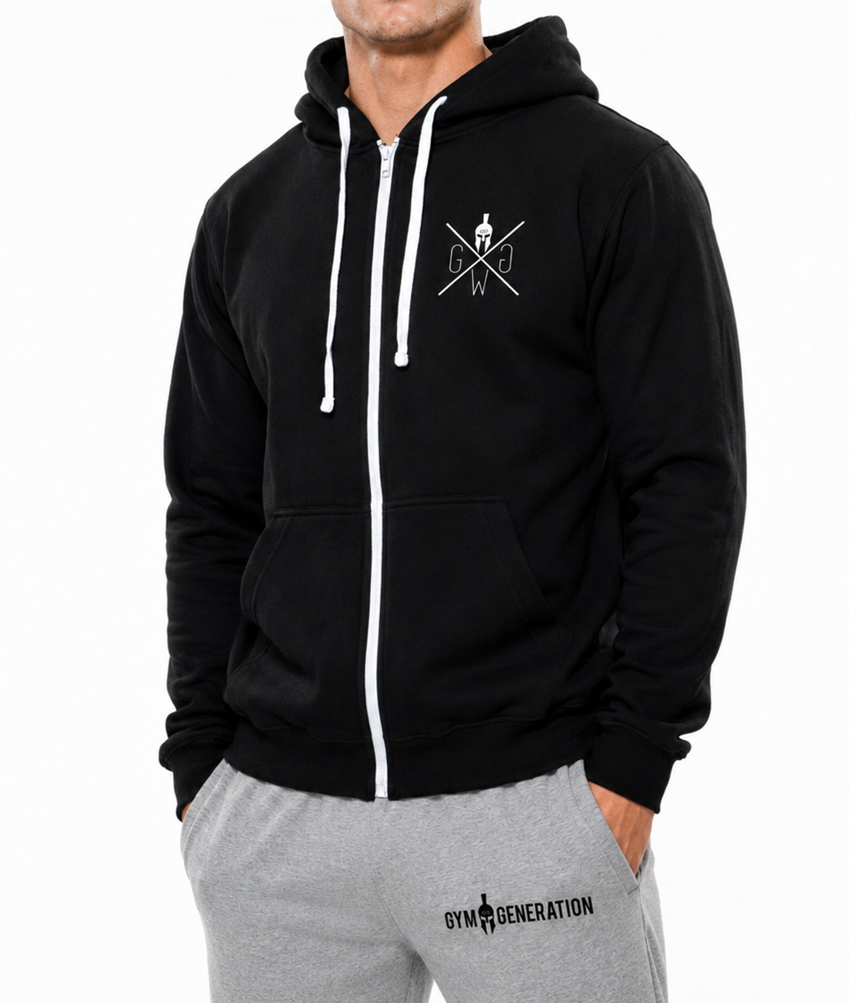 Gym Hoodie Herren Schwarz seitlich mit weissem Zip, Kordeln und Kängurutaschen kombiniert zu Jogginghose