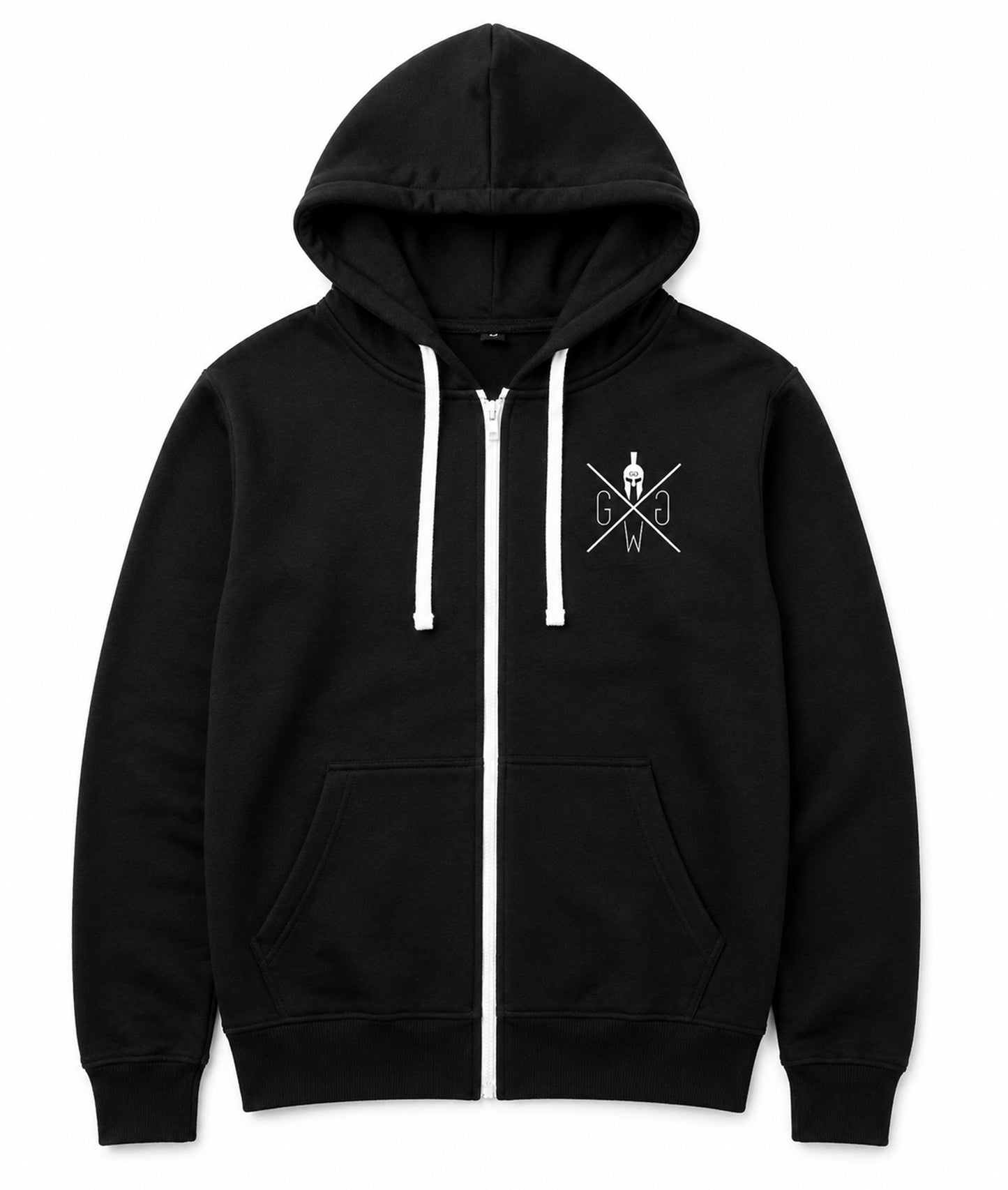 Gym Warriors Kapuzenpullover Herren Schwarz mit weissem Zip, Kängurutaschen und geripptem Saum