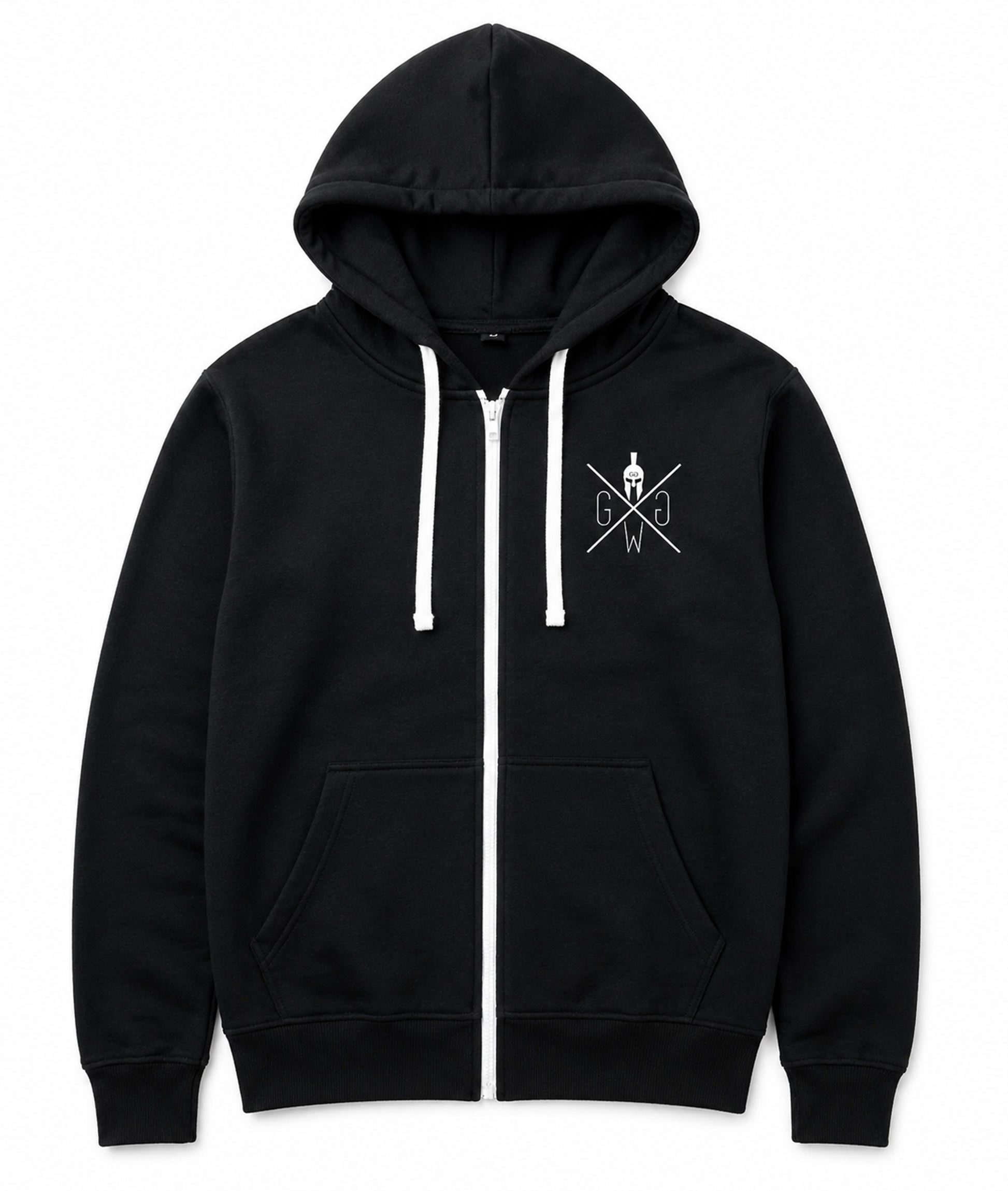 Gym Warriors Kapuzenpullover Herren Schwarz mit weissem Zip, Kängurutaschen und geripptem Saum