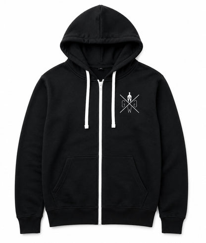 Gym Warriors Kapuzenpullover Herren Schwarz mit weissem Zip, Kängurutaschen und geripptem Saum