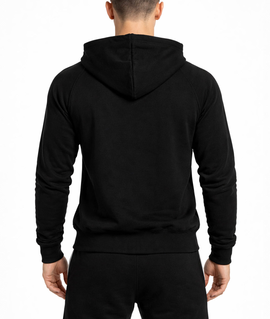 Schwarzer Gym Zipper Hoodie von Gym Generation in Rückenansicht ohne Print, minimalistischer Premium Fitness Hoodie für Krafttraining, Gym, Bodybuilding und Sport Lifestyle